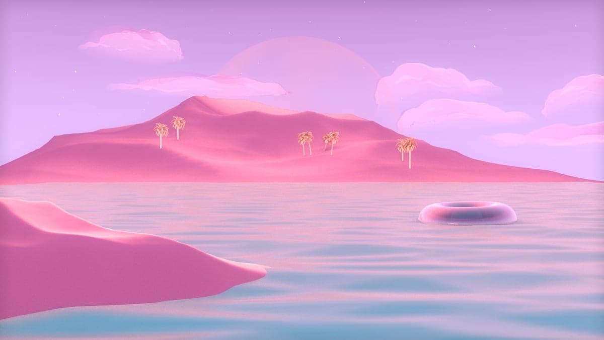 pink island with palm trees and water