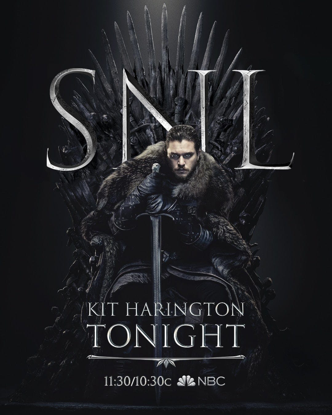 Jon Snow sitting on the Iron Thone with SNL behind him